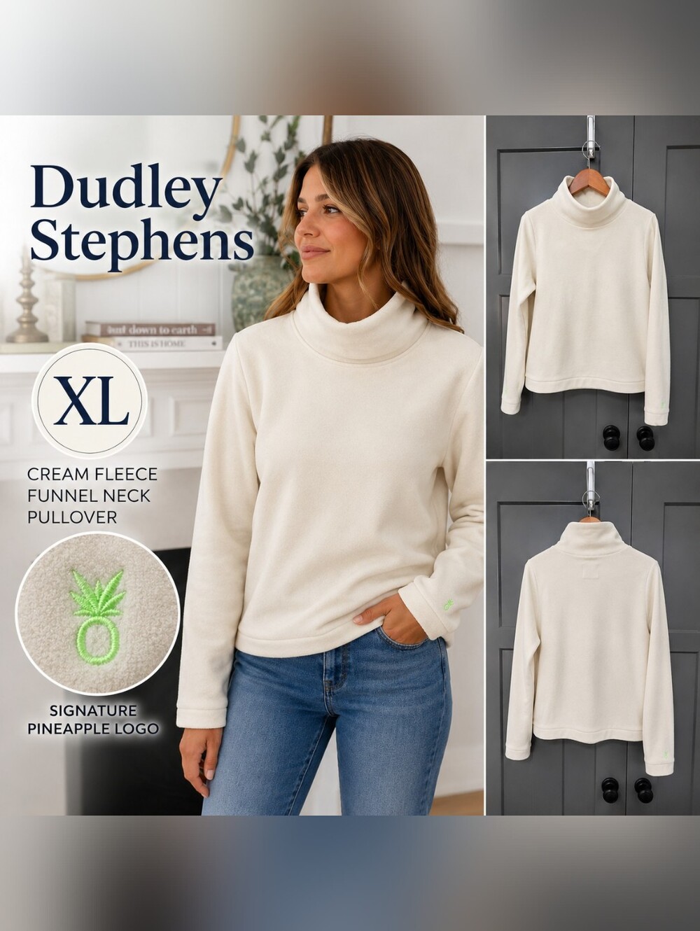 Dudley Stephens XL Cream Fleece Funnel Neck Pullover Pineapple Logo